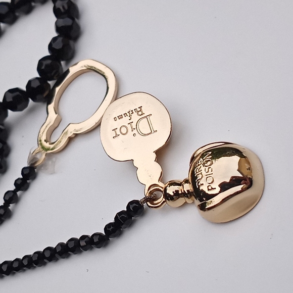 c1990s NIB Christian Dior Black Crystal Pearl Gold Pl Poison Lariat  Choker - Picture 6 of 8